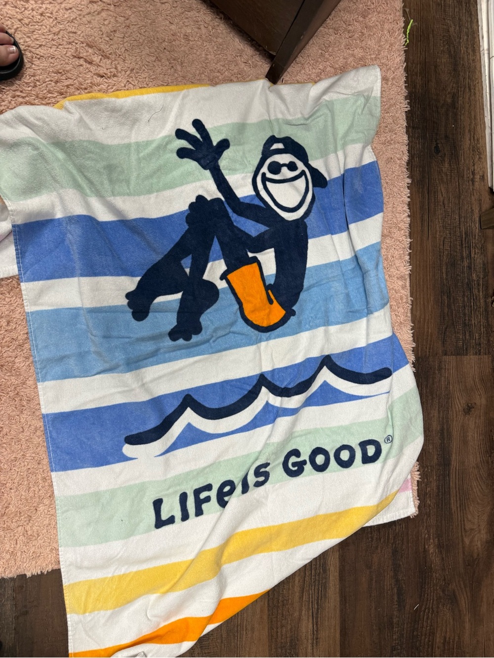 Life Is Good Striped Beach Towel in Blue, White, Yellow, Green, Orange